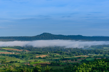 Beautiful blue sky and mist with mountain and forest