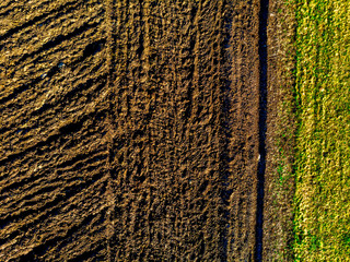 Aerial top view of  cultivated agricultural land and green meadow in sunny spring day