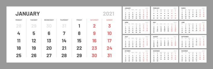 Wall quarterly calendar template for 2021 year. Planner diary in a minimalist style. Week Starts on Monday. Set of 12 Months. Ready for print.