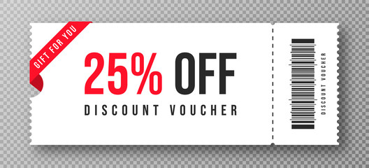 Discount voucher, gift coupon template with ruffle edges. White coupon mockup with 25 percent off