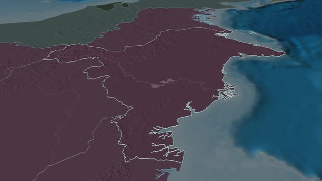 Kalimantan Timur, province with its capital, zoomed and extruded on the administrative map of Indonesia in the conformal Stereographic projection. Animation 3D