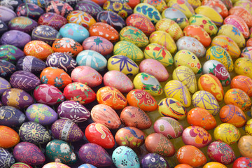 Fototapeta premium Full background of colorful, hand painted Easter eggs