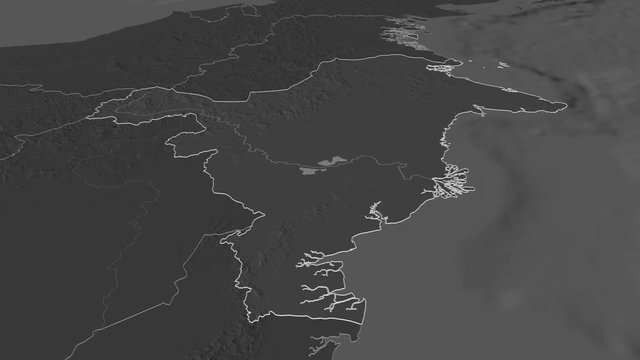 Kalimantan Timur, province with its capital, zoomed and extruded on the bilevel map of Indonesia in the conformal Stereographic projection. Animation 3D