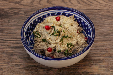 Vagan dietary cusine - mutabal with granet seeds