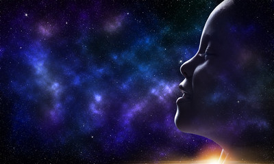 Children girl imagines herself an astronaut galexy background.