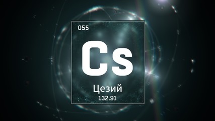 3D illustration of Cesium as Element 55 of the Periodic Table. Green illuminated atom design background orbiting electrons name, atomic weight element number in russian language