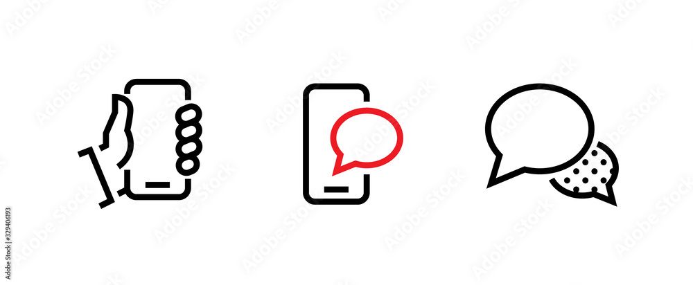Wall mural set of three message elements social icons. editable vector line isolated on a white background.