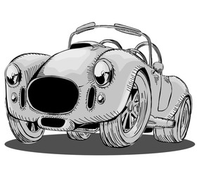 Cartoon sporty retro car convertible. Black-white vector illustration in isolation, on a white background.