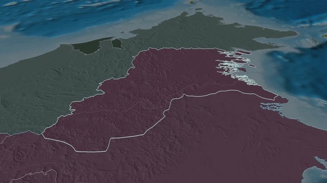 Kalimantan Utara, province with its capital, zoomed and extruded on the administrative map of Indonesia in the conformal Stereographic projection. Animation 3D