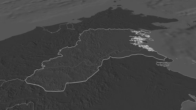 Kalimantan Utara, province with its capital, zoomed and extruded on the bilevel map of Indonesia in the conformal Stereographic projection. Animation 3D