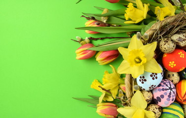 Happy Easter - painted eggs and daffodils on colored background
