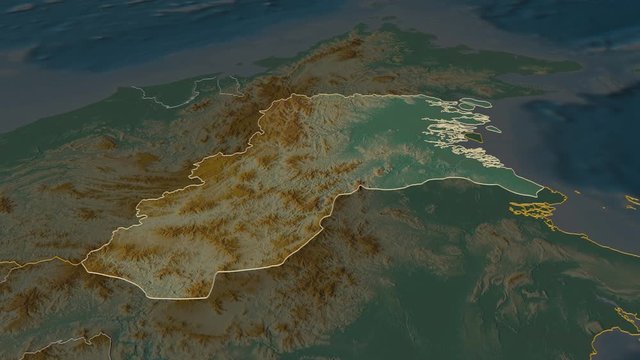 Kalimantan Utara, province with its capital, zoomed and extruded on the relief map of Indonesia in the conformal Stereographic projection. Animation 3D