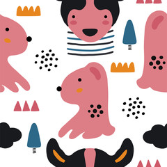 Abstract baby pattern with dog. Animal seamless cartoon illustration.