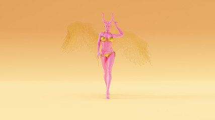 Obraz premium Pink an Gold Devil Angel with Horns Walking in a Bikini Top an Bottom with Wings Formed out of Small Spheres Warm Cream Background Front View 3d Illustration 3d render