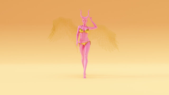 Pink an Gold Devil Angel with Horns Walking in a Bikini Top an Bottom with Wings Formed out of Small Spheres Warm Cream Background Front View 3d Illustration 3d render