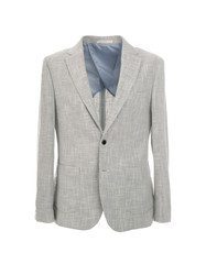 Stylish suit jacket on mannequin against white background. Men's clothes