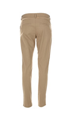 Stylish trousers on mannequin against white background, back view. Men's clothes