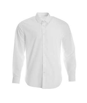 Stylish shirt on mannequin against white background. Men's clothes
