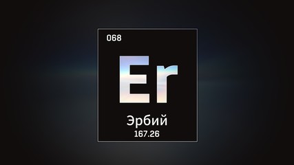 3D illustration of Erbium as Element 68 of the Periodic Table. Grey illuminated atom design background with orbiting electrons name atomic weight element number in russian language