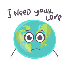 planet character earth globe showing sad isolated on white. Vector illustration