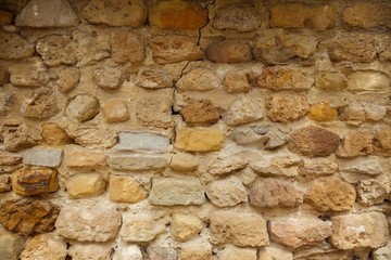 Old limestone brick wall. Yellow stone wall texture.