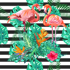 Naklejka premium Seamless pattern pink flamingo and hibiscus flower on a black and white geometric background.