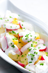 spring potato radish salad with garlic dip