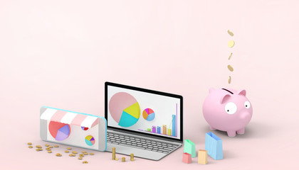 Online shopping sales and Online Banking Mobile Concept Digital marketing with money and online computer connections on Pink  Monotone  Background - 3d rendering