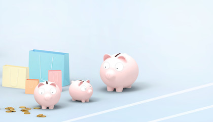 Online Mobile  Banking  and Piggy pink bank Savings Groups with Online shopping  Concept Digital marketing on blue Background  - 3d rendering