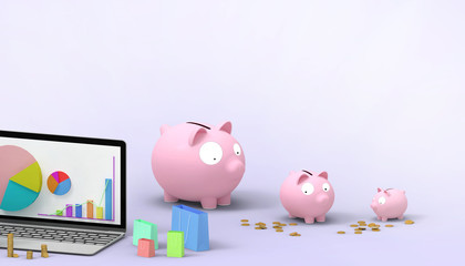 Online Banking Mobile and Piggy pink bank Savings Groups with Online shopping Concept Digital marketing on purple  background  - 3d rendering