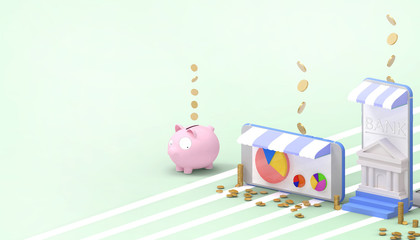 Online Mobile  Banking  and Piggy pink bank Savings money Groups with Online shopping  Concept Digital marketing  on Green Monotone Background - 3d rendering