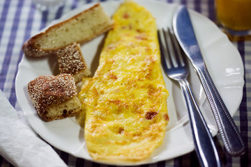 Egg omelette with fresh bread, Moroccan breakfast 