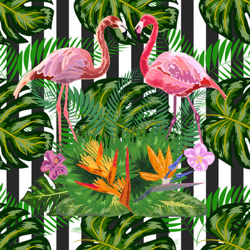 pink flamingos hibiscus, monstera, banana leaf Tropic summer seamless pattern. black white striped background. © MichiruKayo