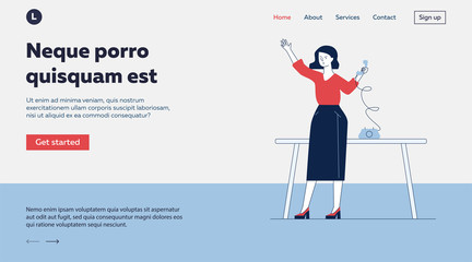 Office assistant using retro telephone. Woman calling someone to phone sitting at desk flat vector illustration. Communication, office concept for banner, website design or landing web page