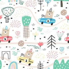 Printed kitchen splashbacks Animals in transport Cute seamless pattern with funny bear driver. Perfect for kids apparel, fabric, textile, nursery decoration, wrapping paper. Childish vector background. Summer background.