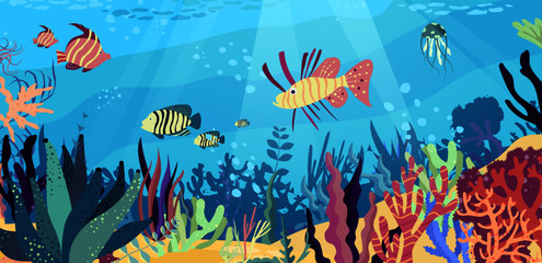 Naklejka na ściany i meble Underwater world in the ocean. Coral reef, fishes, medusa, undersea fauna of tropics. Flat cartoon vector illustration.