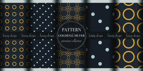Set of 5 golden and silver luxury geometric pattern background. Abstract line, polka dot retro style vector illustration for wallpaper, flyer, cover, design template. minimalistic ornament, backdrop.