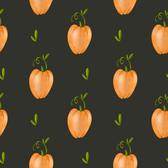 Cute orange pumpkin seamless digital art textural pattern on dark background. Print for fabrics, packaging bags, paper, boxes, cards, invitations, banners, posters, stationery.
