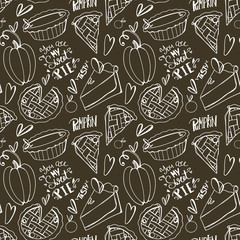 Pie, pumpkin, cherry cute digital art contour doodle seamless pattern on brown background. Print for fabrics, packaging bags, paper, coloring books, postcards, invitations, banners, posters