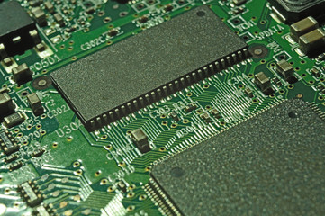 Microchips on a circuit board. Electrical, system.