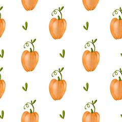 Cute orange pumpkin seamless digital art textural pattern on white background. Print for fabrics, packaging bags, paper, boxes, cards, invitations, banners, posters, stationery.