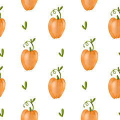 Fototapeta premium Cute orange pumpkin seamless digital art textural pattern on white background. Print for fabrics, packaging bags, paper, boxes, cards, invitations, banners, posters, stationery.