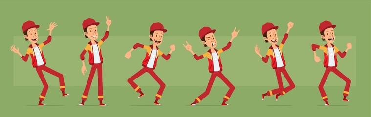 Cartoon cute funny young sportsman guy character in red cap and hoodie. Rock and roll hipster jumping and dancing. Ready for animations. Isolated on green background. Big vector icon set.