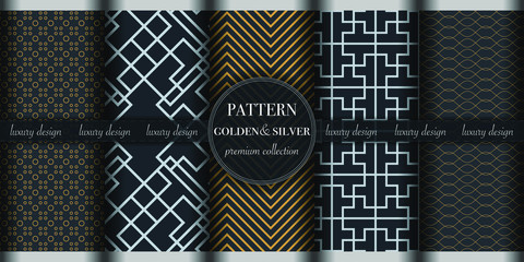 Set of 5 golden and silver luxury geometric pattern background. Abstract line, polka dot retro style vector illustration for wallpaper, flyer, cover, design template. minimalistic ornament, backdrop.