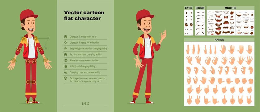Cartoon funny young sportsman guy character in red cap and hoodie. Ready for animations. Face expressions, eyes, brows, mouth and hands easy to edit. Isolated on green background. Big vector icon set.