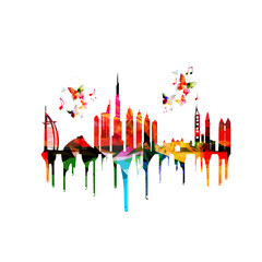 Colorful cityscape view of Abu Dhabi vector illustration. Tourism and travel poster background. Famous Abu Dhabi skyline landmarks design for web banner, card, brochure, promotion material