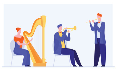 Mini orchestra playing classical music. Musicians with harp, flute, trumpet flat vector illustration., Entertainment, performers, teamwork concept for banner, website design or landing web page © PCH.Vector