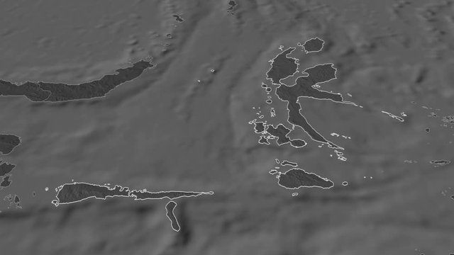 Maluku Utara, province with its capital, zoomed and extruded on the bilevel map of Indonesia in the conformal Stereographic projection. Animation 3D