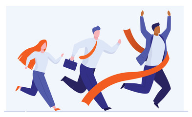 Business people competition. Leader crossing finish line flat vector illustration. Rat race, leadership, winning concept for banner, website design or landing web page