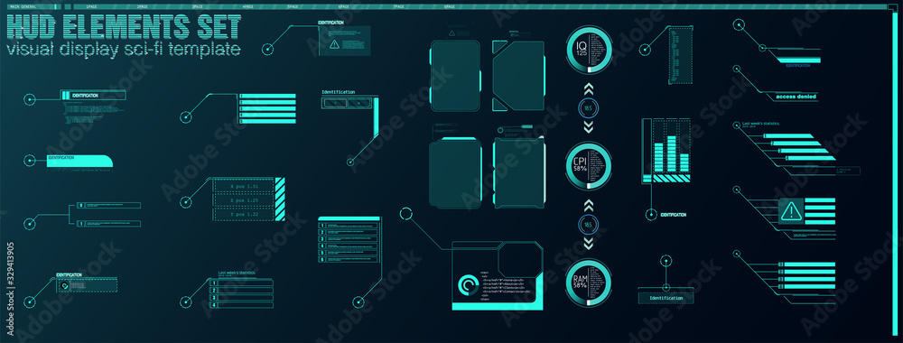 Poster Futuristic Vector HUD Interface Screen Design. Digital callouts titles. HUD UI GUI futuristic user interface screen elements set. High tech screen for video game. Sci-fi concept design.